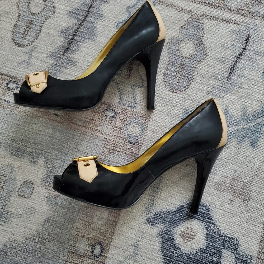 Next Black and Cream Buckle Peep Toe Heel Pumps Shoes Sz7.5